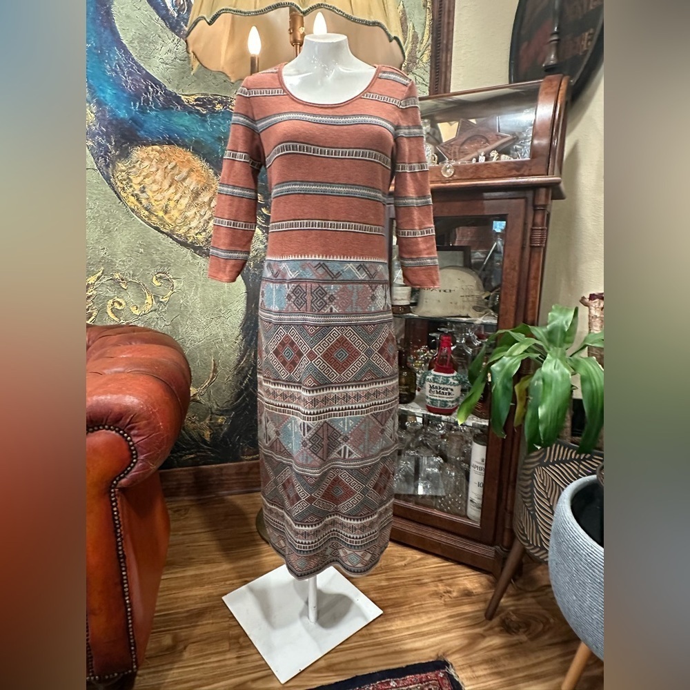 Peruvian Connection Geometric Knit Maxi Dress Medium Rust Blue Southwestern Boho - Picture 3 of 7